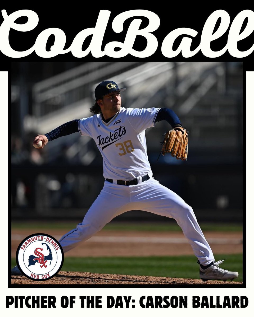 CodBall (@codball) on Twitter photo Our CodBall Pitcher of the Day is Carson Ballard (<a href="/GTBaseball/">Georgia Tech Baseball</a>)
Carson went 4 innings striking out 6 while allowing only 2 hits for the <a href="/YD_RedSox/">Y-D Red Sox</a> Our CodBall Pitcher of the Day is Carson Ballard (<a href="/GTBaseball/">Georgia Tech Baseball</a>)
Carson went 4 innings striking out 6 while allowing only 2 hits for the <a href="/YD_RedSox/">Y-D Red Sox</a>