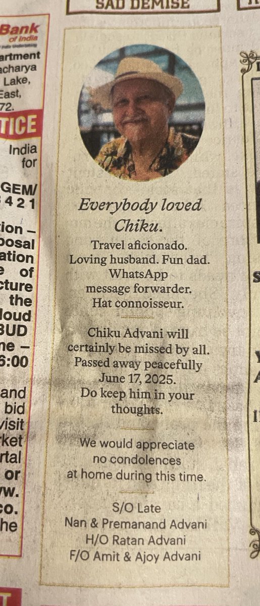 An obituary that caught my eye… A man known by a cute name,a colourful and quirky personality, Looks like a life well lived! 
How do you want to be remembered?! 
I’ll go with.. weird, as my kids already say!