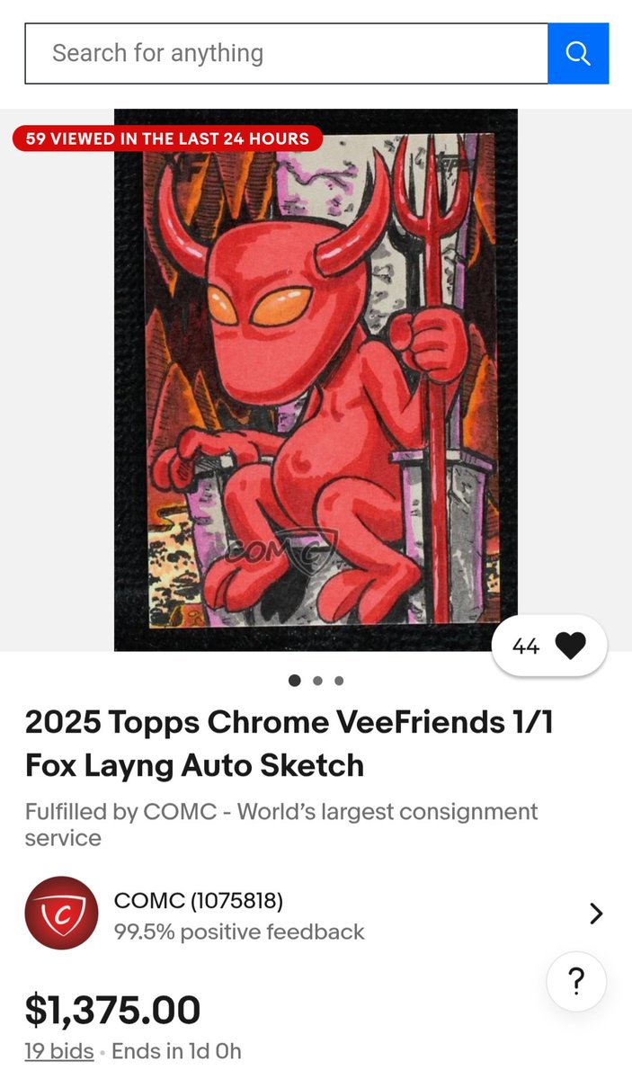 FoxLayng's tweet photo. 1 day left & it's at $1,375!!!
Officially setting a new record price for one of my #sketchcards. This #ResilientRedDevil still has β to add more heat to this π₯π₯π₯ auction. Get a bid in #VeeFriends Let's see if we can crack the top 10 non @garyvee sketch list! You all rock! https://t.co/qwTbJIVJph