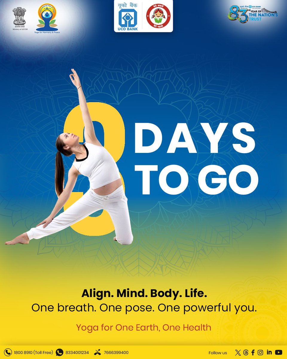 🧘‍♀️ Just 3 Days to Go!
Get ready to align your mind, body, and life through the power of yoga.
One breath. One pose. One powerful you. 🌿

✨ Yoga for One Earth, One Health
#InternationalYogaDay #UCOBank #YogaForHarmony #WellnessWithUCO #83YearsOfTrust