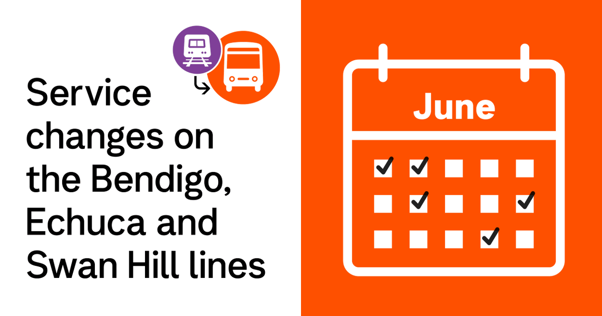 Reminder: There are service changes in June on the Bendigo, Echuca and Swan Hill lines.

Please check the temporary timetables before you travel and allow extra time for your journey.

For more info: ptv.vic.gov.au/bendigo