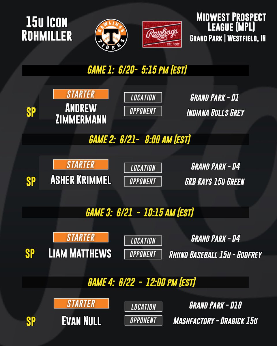 Ryan Rohmiller (@ryanrohmiller) on Twitter photo Starting Rotation for this weeks <a href="/Bullpenevents/">Bullpen Tournaments</a> MIDWEST PROSPECT LEAGUE 15U at <a href="/GrandParkSports/">Grand Park Sports Campus</a> - <a href="/Rawlings_Tigers/">Rawlings Tigers</a>
<a href="/RecruitTigers/">Rawlings Tigers National Recruiting</a>
<a href="/stltigers/">St. Louis Rawlings Tigers</a>
<a href="/HowseEvan/">Evan Howse</a> Starting Rotation for this weeks <a href="/Bullpenevents/">Bullpen Tournaments</a> MIDWEST PROSPECT LEAGUE 15U at <a href="/GrandParkSports/">Grand Park Sports Campus</a> - <a href="/Rawlings_Tigers/">Rawlings Tigers</a>
<a href="/RecruitTigers/">Rawlings Tigers National Recruiting</a>
<a href="/stltigers/">St. Louis Rawlings Tigers</a>
<a href="/HowseEvan/">Evan Howse</a>