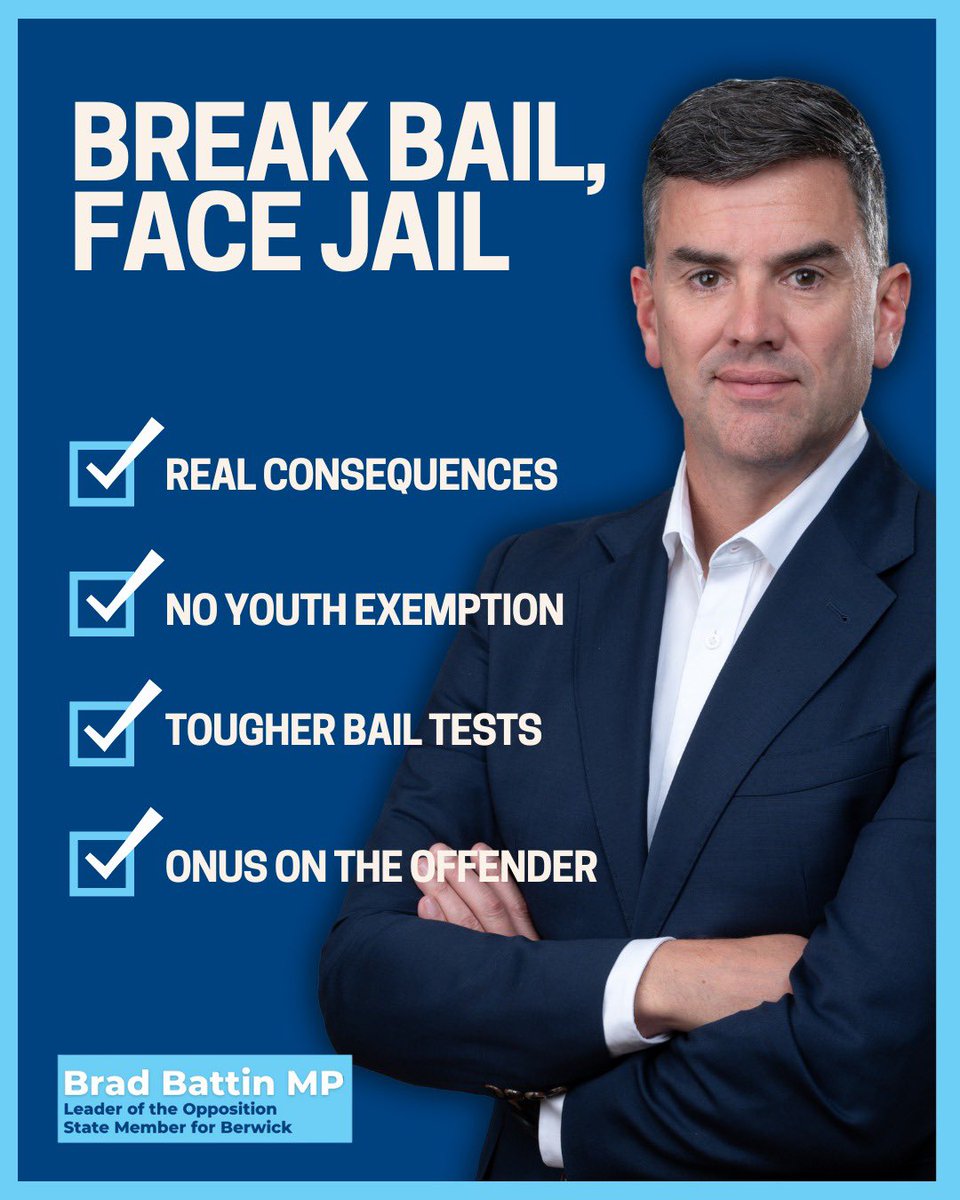 Reminding Labor what real crime-fighting looks like:

✅ If you break bail, you should face jail.
✅ No exceptions for youth offenders.
✅ Tougher bail tests for robbery and burglary.
✅ Offenders must prove why they deserve bail.

Only the Liberals &amp; Nationals will fix Labor’s