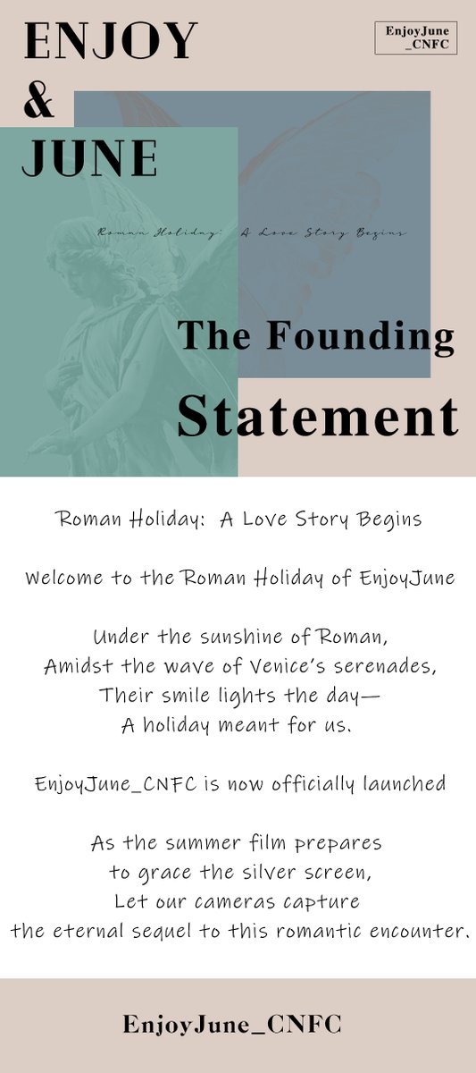EnjoyJune_CNFC's tweet image. 【Official Founding Statement】
Welcome to the Roman Holiday of June&Enjoy!
Under the sunshine of Roman, amidst the wave of Venice’s serenades,
Their smile lights the day—A holiday meant for us.
As the summer film prepares to grace the silver screen,
Let our cameras capture…