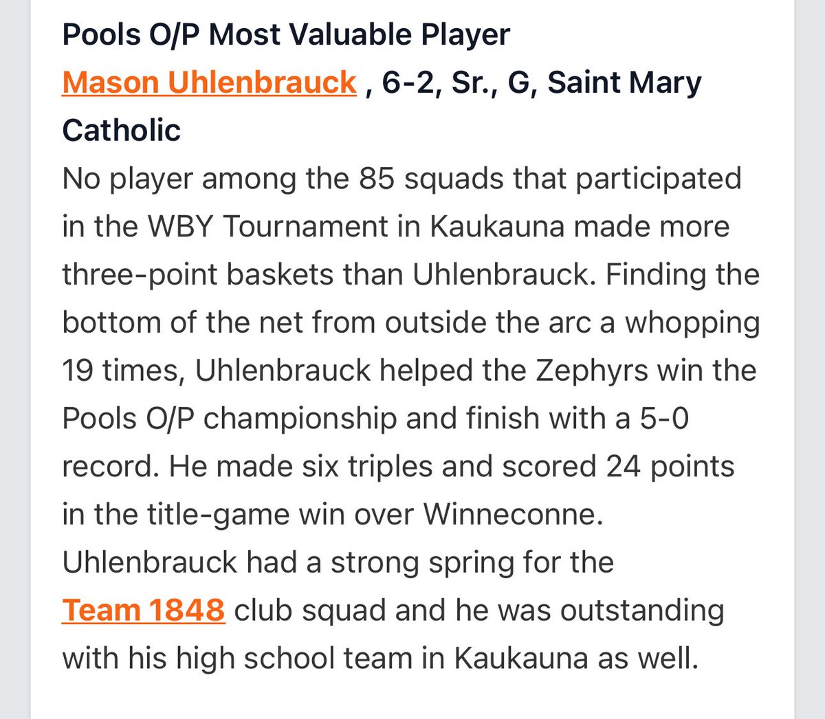 Wade Uhlenbrauck (@wuhlenbrauck) on Twitter photo Great WBY Tournament Mason! Congratulations on the MVP!
<a href="/MasonUhlenbrau1/">Mason Uhlenbrauck</a> <a href="/Team1848/">OfficialTeam1848</a> <a href="/PrepHoops_WI/">Prep Hoops Wisconsin</a> <a href="/WisBBYearbook/">Mark Miller</a> Great WBY Tournament Mason! Congratulations on the MVP!
<a href="/MasonUhlenbrau1/">Mason Uhlenbrauck</a> <a href="/Team1848/">OfficialTeam1848</a> <a href="/PrepHoops_WI/">Prep Hoops Wisconsin</a> <a href="/WisBBYearbook/">Mark Miller</a>