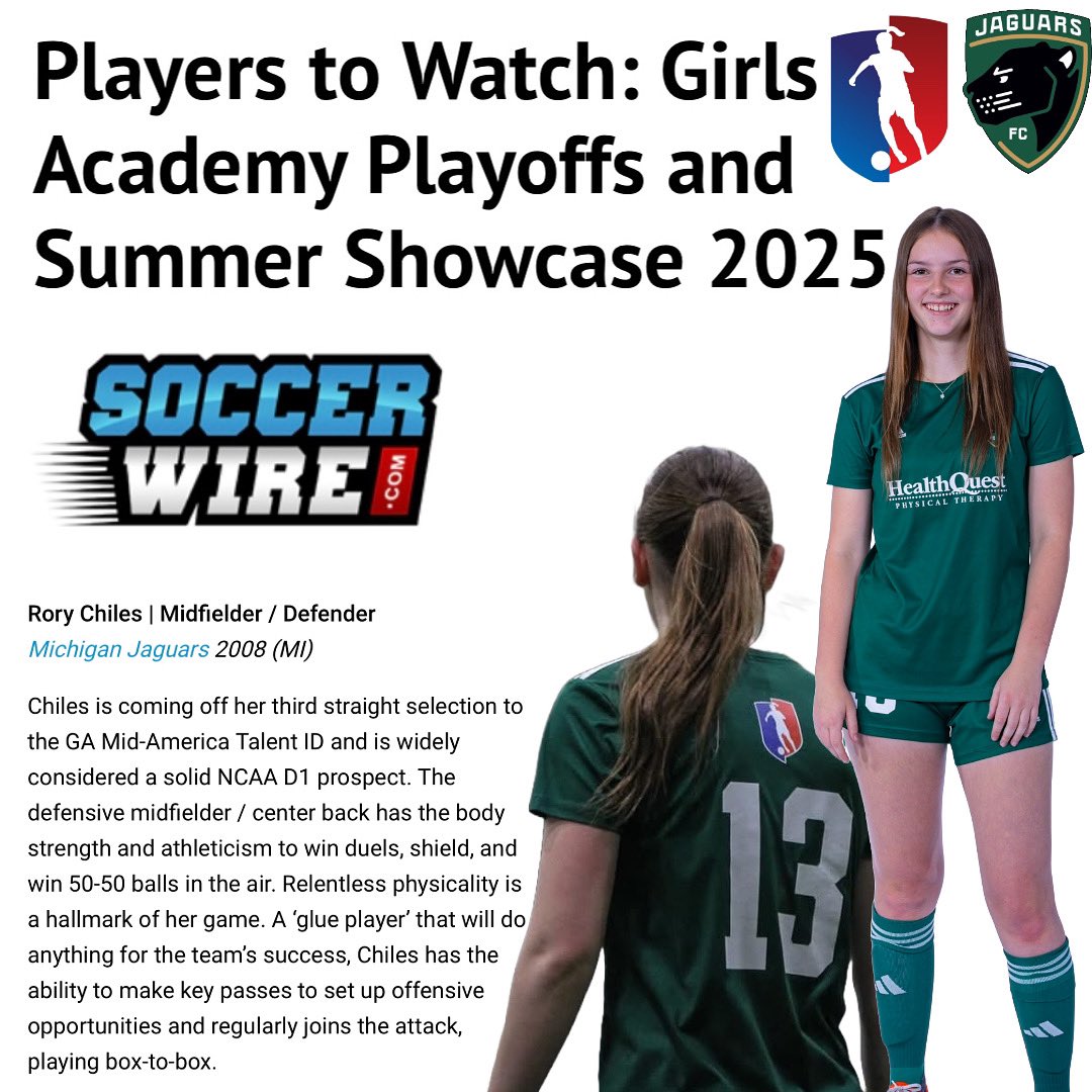 Rory Chiles 2027 DM/CB #13 ⚽️08 MichiganJaguarsGA (@chilesrory) on Twitter photo Thanks for including me in your article <a href="/TheSoccerWire/">SoccerWire</a>!
soccerwire.com/news/players-t…
<a href="/JaguarsAcademy/">Michigan Jaguars FC Academy</a> <a href="/GAcademyLeague/">Girls Academy</a> <a href="/ImYouthSoccer/">ECNL/GA/Recruiting/College Soccer</a> <a href="/ImCollegeSoccer/">College Soccer Truth ™</a> <a href="/PrepSoccer/">Prep Soccer ⚽️</a> <a href="/JREskilson/">J.R. Eskilson</a> <a href="/TopDrawerSoccer/">TopDrawerSoccer</a> <a href="/JREskilson/">J.R. Eskilson</a> <a href="/VicOlorunfemi10/">Victor Olorunfemi</a> <a href="/travismclark/">Travis Clark</a> Thanks for including me in your article <a href="/TheSoccerWire/">SoccerWire</a>!
soccerwire.com/news/players-t…
<a href="/JaguarsAcademy/">Michigan Jaguars FC Academy</a> <a href="/GAcademyLeague/">Girls Academy</a> <a href="/ImYouthSoccer/">ECNL/GA/Recruiting/College Soccer</a> <a href="/ImCollegeSoccer/">College Soccer Truth ™</a> <a href="/PrepSoccer/">Prep Soccer ⚽️</a> <a href="/JREskilson/">J.R. Eskilson</a> <a href="/TopDrawerSoccer/">TopDrawerSoccer</a> <a href="/JREskilson/">J.R. Eskilson</a> <a href="/VicOlorunfemi10/">Victor Olorunfemi</a> <a href="/travismclark/">Travis Clark</a>