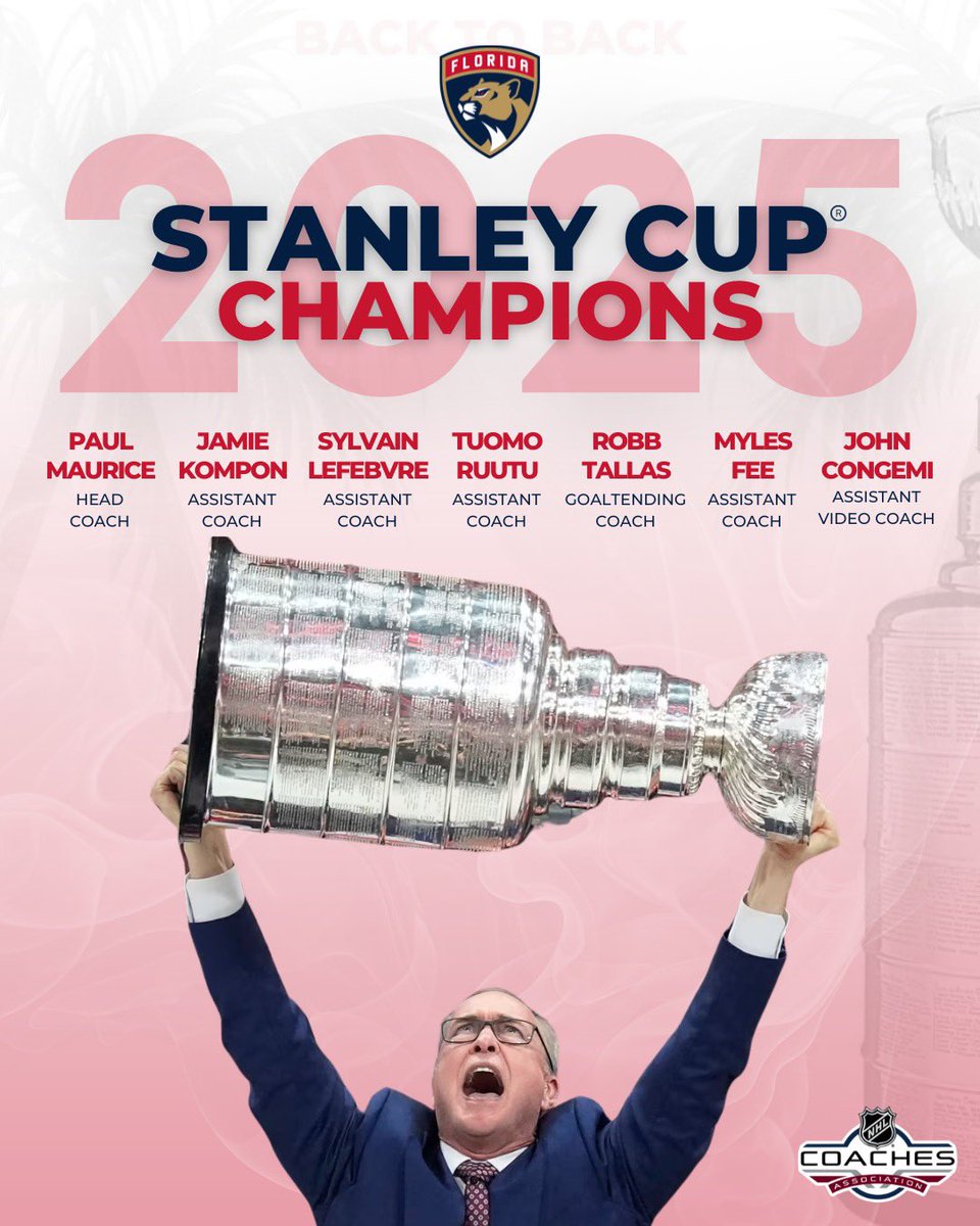 NHLCoachesAssoc's tweet image. The reign continues! 🏆 

Paul Maurice leads the @FlaPanthers to back-to-back Stanley Cup Championships! 

#TimeToHunt