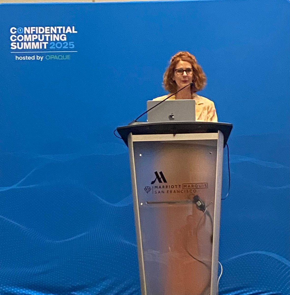 Our Executive Director <a href="/lisaisloud/">Lisa Loud</a> absolutely killing it on stage at the Confidential Computing Summit in San Francisco!