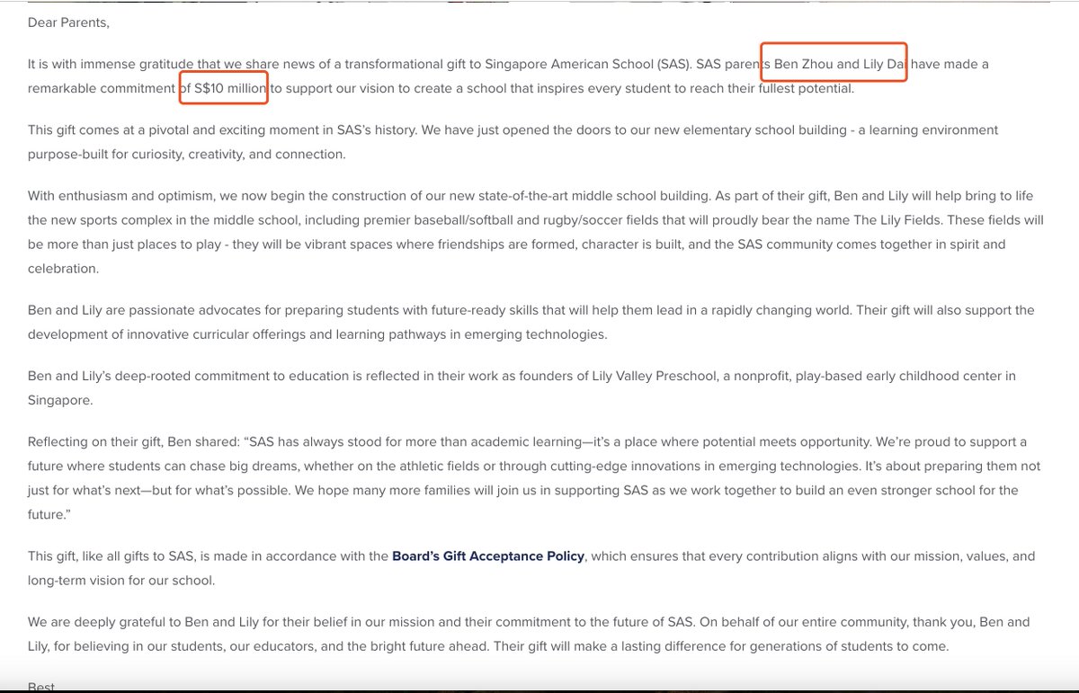 Bybit 老板@benbybit 真有钱，捐了1000万新币（约780万美元）给他孩子就读的新加坡美国学校（SAS），并以妻子Lily Dai  的名字命名了一处体育场。 据知情人士表示，Lily Dai 通过捐赠将获得SAS 校董的身份。许多新加坡币圈大佬的孩子，也就读于这所位于市中心的知名国际  ...