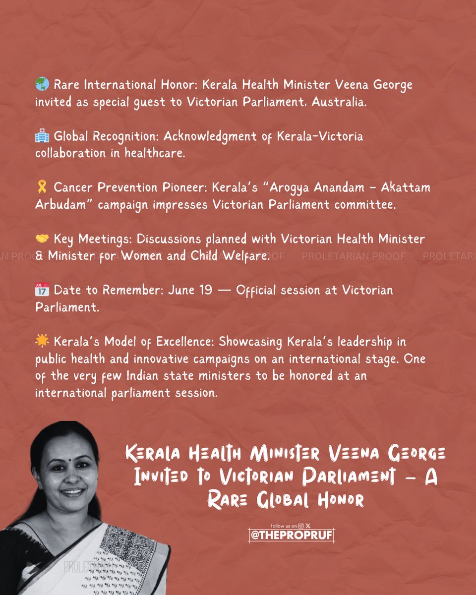 thepropruf's tweet image. 🇮🇳🤝🇦🇺 Kerala Goes Global‼️

Health Minister Veena George gets rare invite to Victorian Parliament for Kerala’s impactful cancer campaign🌏🎗️

#Kerala #VeenaGeorge #GlobalRecognition #VictorianParliament #PublicHealth #ArogyaAnandam