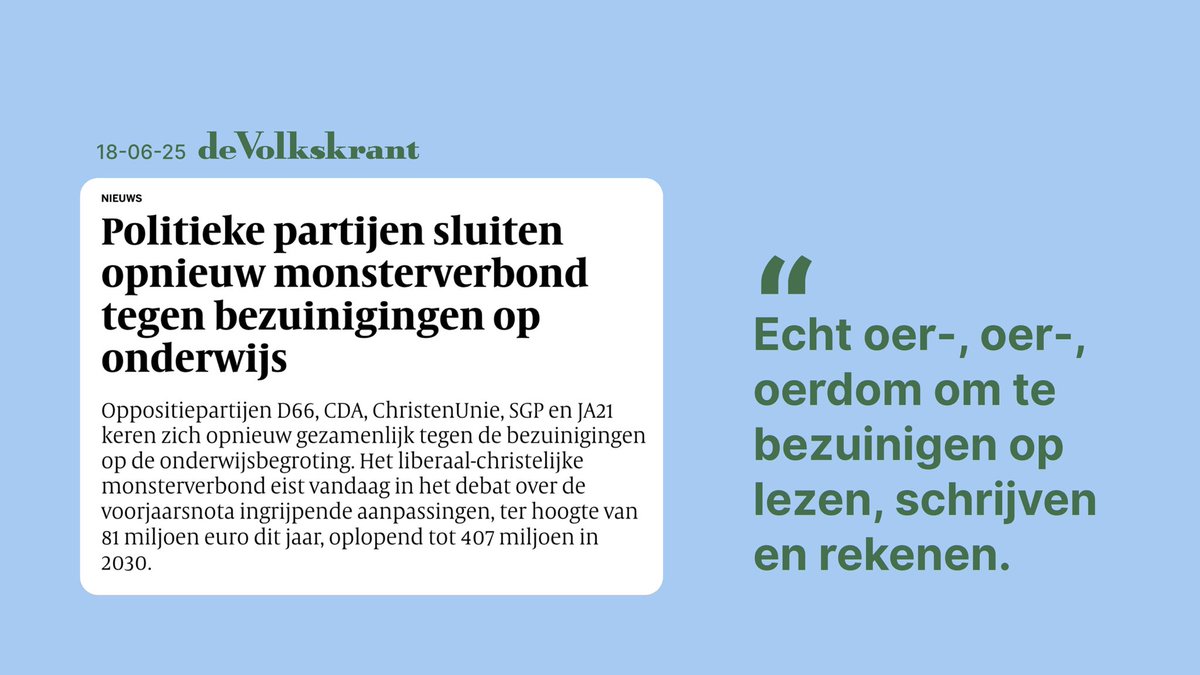 Het kabinet wil nog eens extra bezuinigen op onderwijs. Wij komen vandaag, samen met andere partijen, met een voorstel om dat terug te draaien. Want onderwijs is geen kostenpost. Onderwijs is de sleutel tot kansen.

Lees hier het volledige artikel:
volkskrant.nl/politiek/polit…