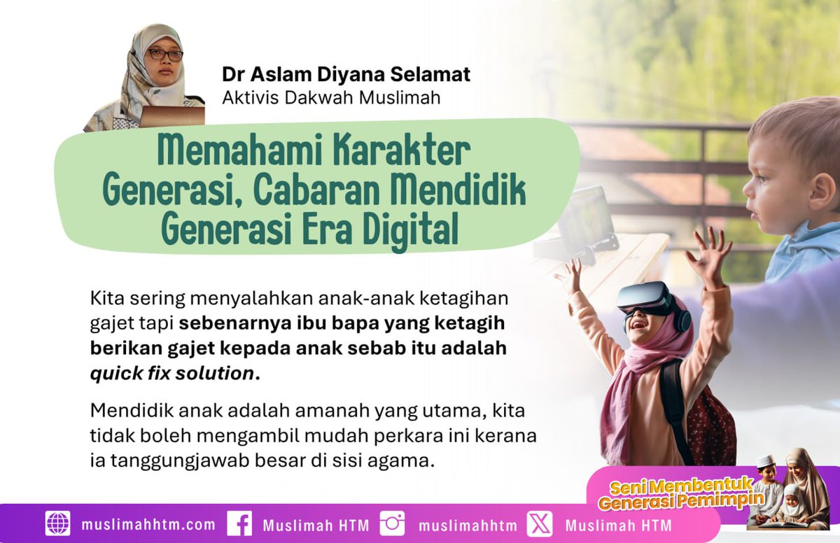 Muslimah_HTM's tweet image. Memahami Karakter Generasi, Cabaran Mendidik Generasi Era Digital 

Dalam menghadapi cabaran mendidik generasi pada era digital hari ini, Aktivis Dakwah Muslimah, Dr Aslam Diyana Selamat menekankan betapa pentingnya..

Artikel penuh: wp.me/pdmUzG-8by

#generasi #eradigital