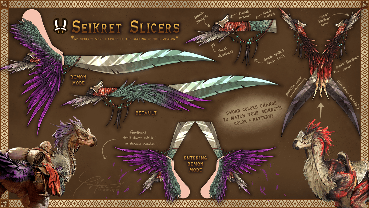 Oops, I made another weapon 🐓

Sourced from parts shed by your own seikret (feathers, scales, etc.), these blades will perfectly match their color scheme!

The wings also unfurl in demon mode, allowing you to soar through combat just like your seikret! ⚔️

#WeaponEntry #MHWilds
