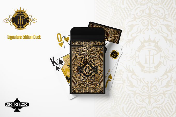 🃏 The @Phil_Hellmuth Signature Modern Deck.

 ♠️ Phil's gold &amp; black colors w intricate logo design, modern cards fronts &amp; caricature jokers.

✅ Gold Foiling
✅ Metallic Inks
✅ Embossed Tuckboxes
✅ Autographed Uncut Sheets

🚀 Now live on Kickstarter:
kickstarter.com/projects/faded…