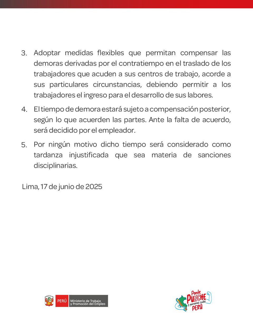 MTPE_Peru's tweet photo. Comunicado 📢

El MTPE exhorta a los empleadores a adoptar medidas flexibles ante anuncio de paro de transportistas.

#ElPerúNoSeDetiene 🇵🇪 https://t.co/F7QWTozzBT