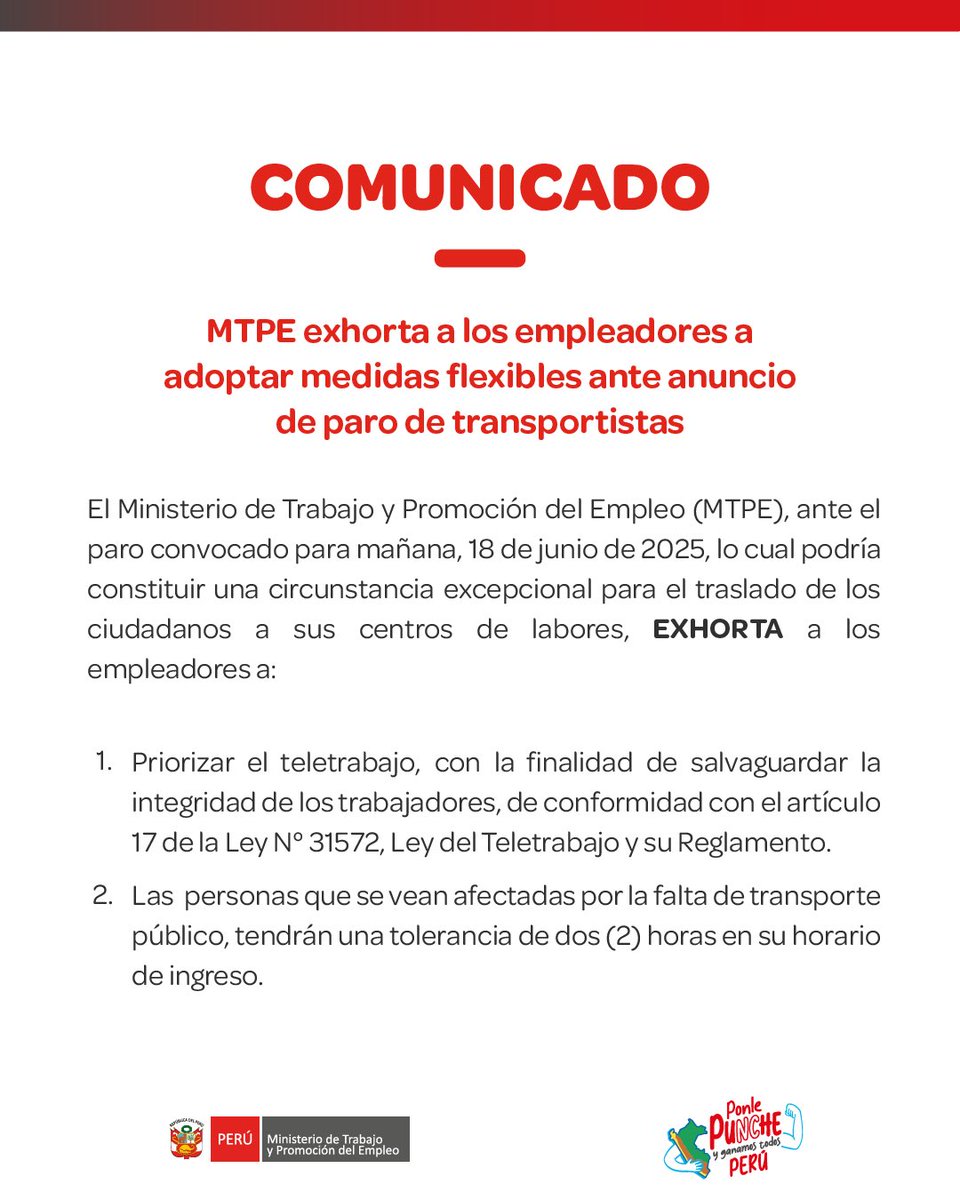 MTPE_Peru's tweet photo. Comunicado 📢

El MTPE exhorta a los empleadores a adoptar medidas flexibles ante anuncio de paro de transportistas.

#ElPerúNoSeDetiene 🇵🇪 https://t.co/F7QWTozzBT