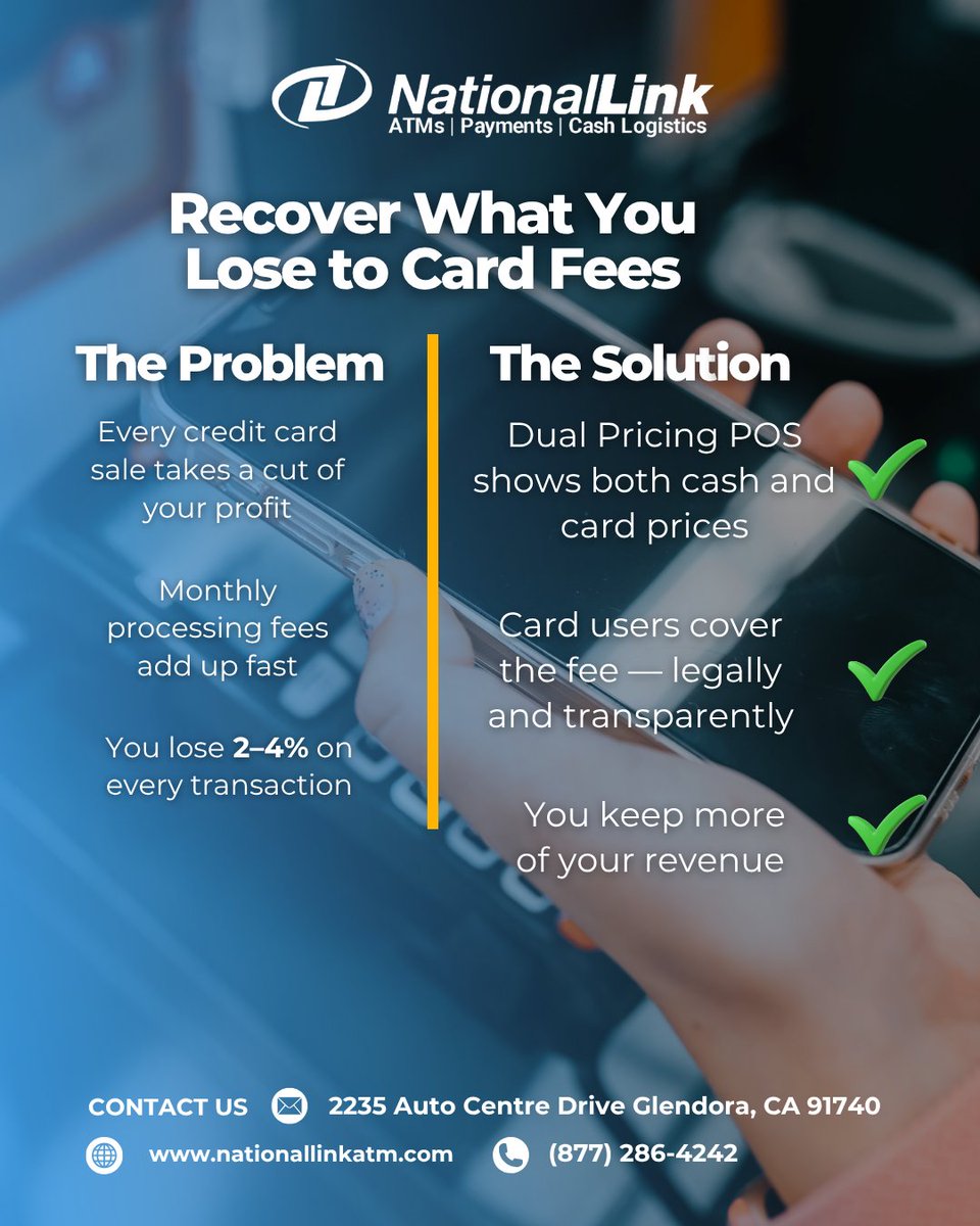 nationallink_X's tweet image. Card fees cutting into profits?
Dual Pricing POS puts that money back in your pocket.
💸 Simple. Legal. Profitable.
👉 nationallinkatm.com

#DualPricing #POSsystem #CardFees #RetailProfit #NationalLinkPOS