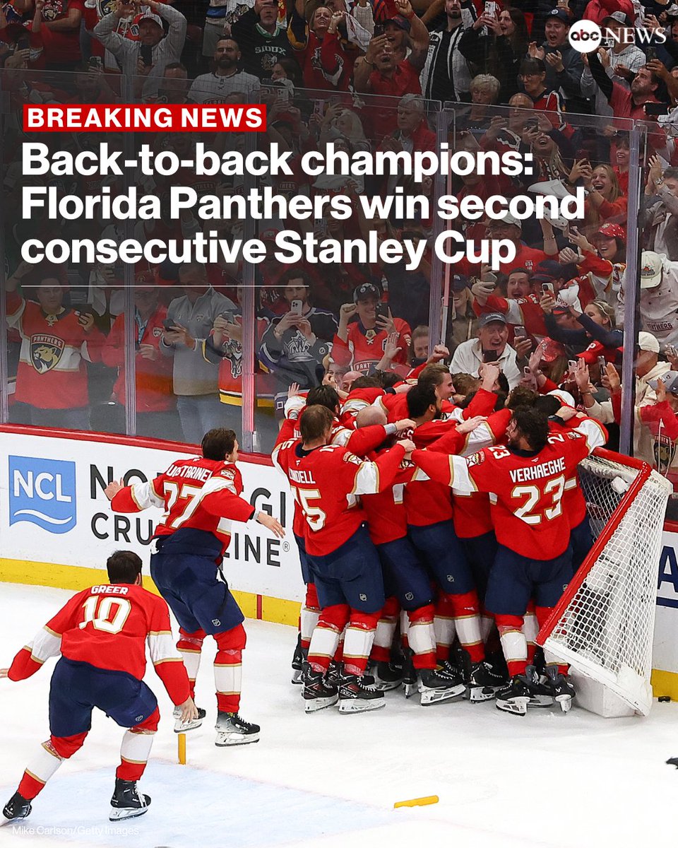 The Florida Panthers won the team's second consecutive Stanley Cup on Tuesday night, defeating the Edmonton Oilers in six games. abcnews.link/XWoKuF4