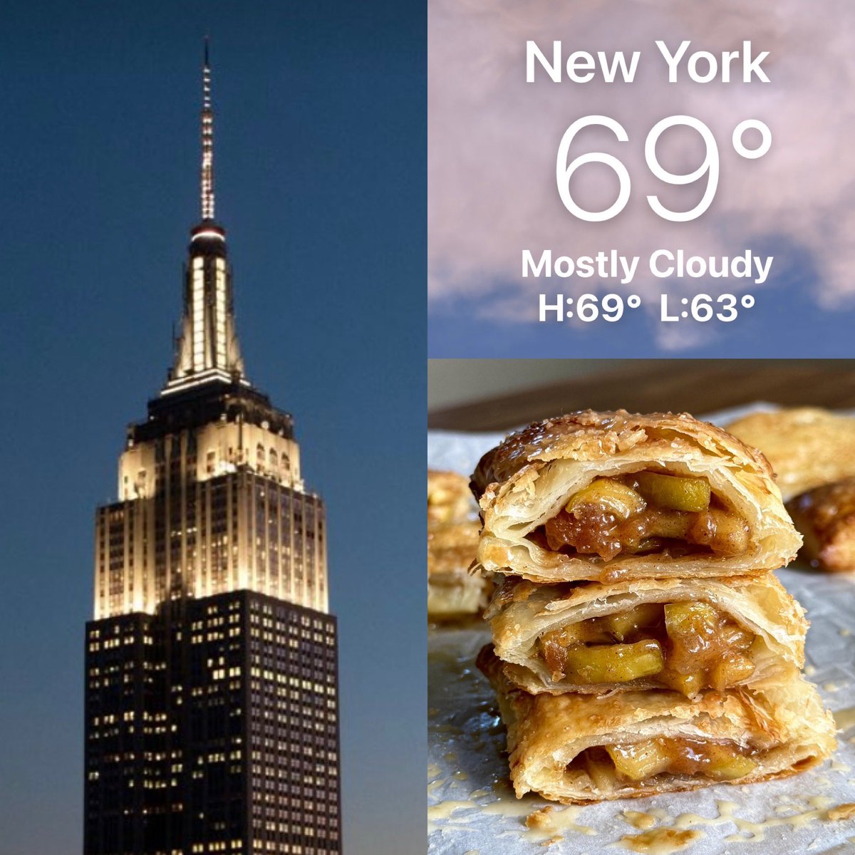CorinnePulitzer's tweet photo. Sunset was at 8:29PM & #NYers kept their rain gear handy all day & the forecast is for more of the same tomorrow. The @EmpireStateBldg is lit in Signature White as #PastryFans are celebrating #NationalAppleStrudelDay 🍎@NationalDayCal @HeyWhatDay
@DiningGuide2Day https://t.co/76DNXASO2X