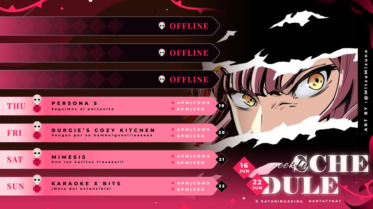 💀¡SCHEDULE DE LA SEMANA!🌹
◇ Junio 16 - Junio 22 ◇
🔴Directos por Twitch | YT: katarinaakina.carrd.co

¡Esta semana hacemos el karaoke por bits y también  hay jueguito el sábado con los katitos fresa! ❤️

General: #KatarinaAkina
Arte: #ArtAttkat
Memes: #Akinamemes
Clips: