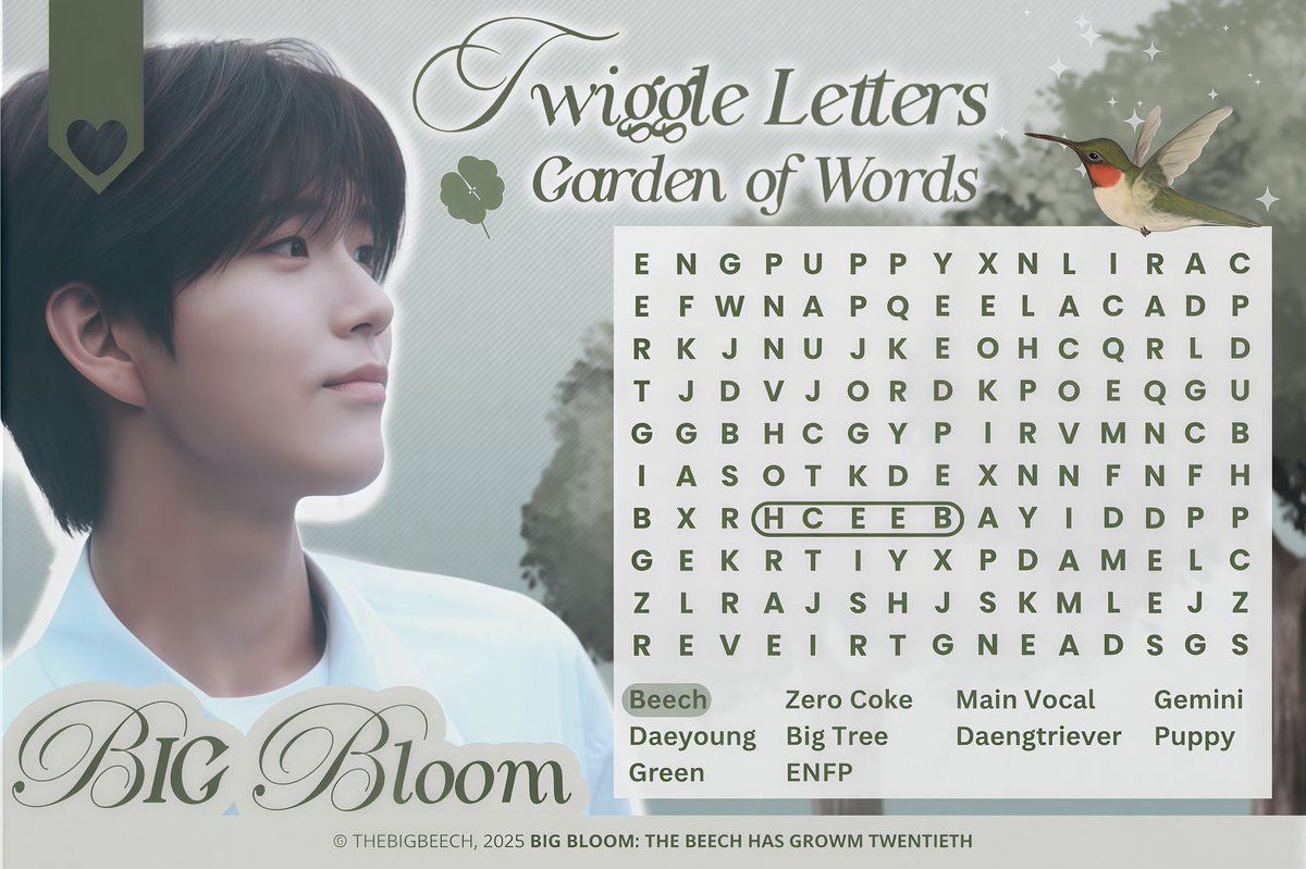 ᅠ
₊˚⊹⋆ Soft whispers drift through the grove as thoughts of 𝖩‌𝖺‌𝖾‌𝗁‌𝖾‌𝖾 bloom quietly between the leaves. For him, we’ve planted clues in this 𝗴𝗮𝗺𝗲 𝗼𝗳 𝗹𝗲𝘁𝘁𝗲𝗿𝘀. Can you gather them all like fallen petals? 🍃
ᅠ