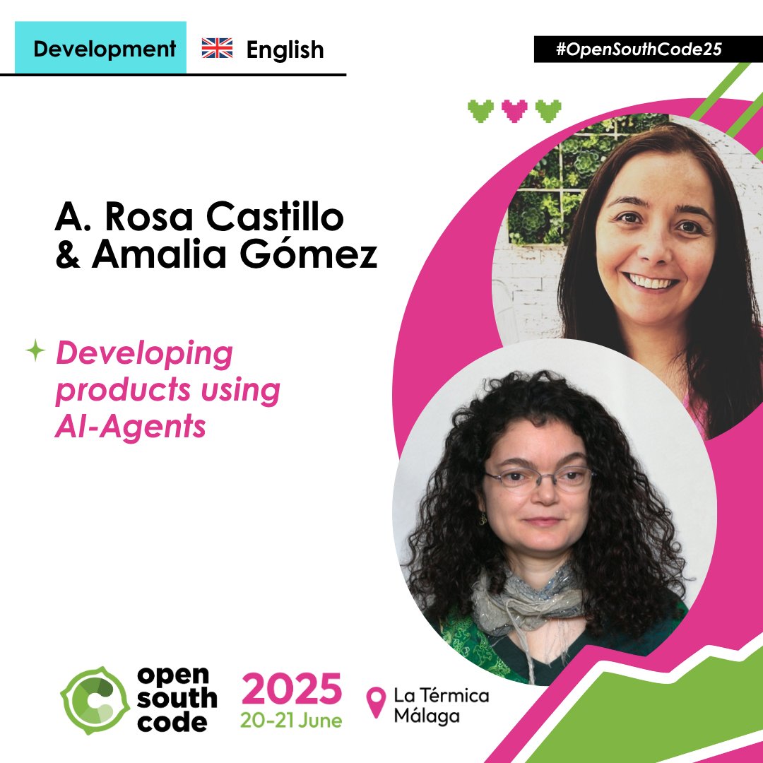✨ From idea to #AI agent!
Thanks to <a href="/rosacastilloPhD/">A. Rosa Castillo PhD</a> and <a href="/amalein/">Amalia Gómez</a> from the <a href="/malagaai/">Malaga AI</a> community for their talk “Developing products using AI-Agents” at #OpenSouthCode25.
And more #opensource tools to build your own AI🚀 agents🚀
opensouthcode.org/conferences/op…