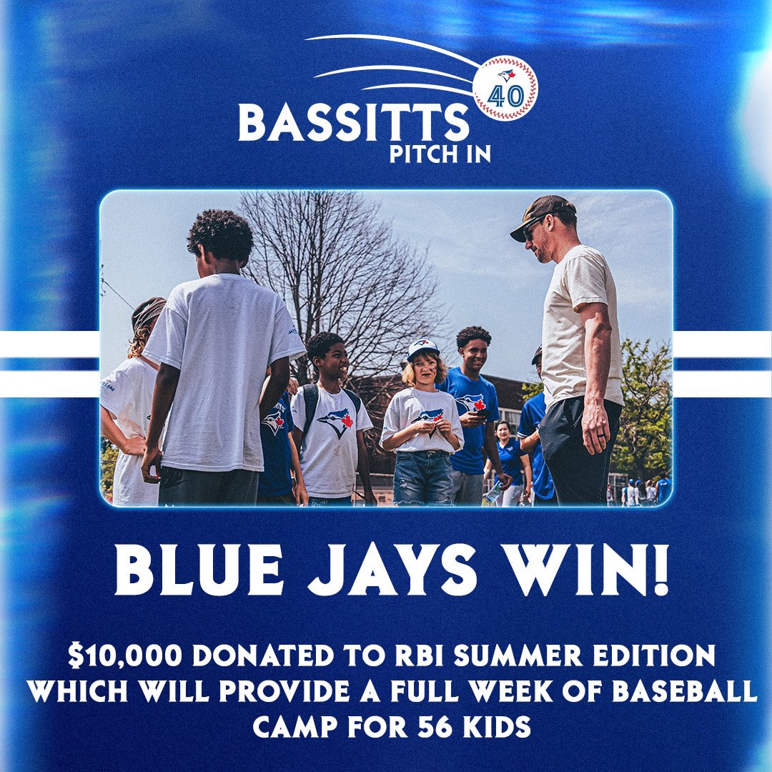 Another <a href="/BlueJays/">Toronto Blue Jays</a> win with Bassitt on the mound means another $10K donated for kids in <a href="/JaysCare/">Jays Care Foundation</a> programs!

Pitch in and show your support at: bluejays.com/bassittspitchin