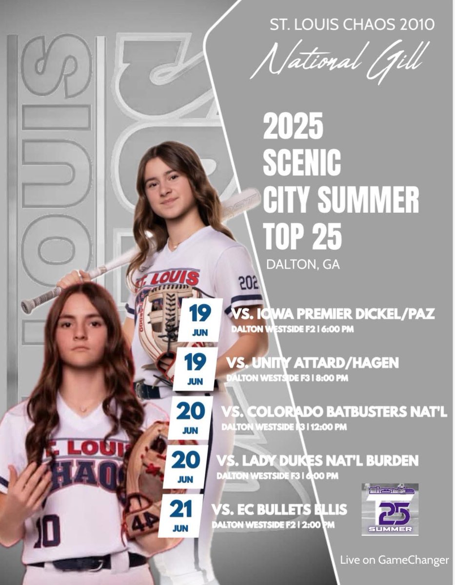 This weekend we are in Dalton Georgia, for Scenic City Top 25
<a href="/StLChaos/">StL Chaos</a> <a href="/STLChaos2010/">St. Louis Chaos 2010</a> <a href="/rgilll/">Rachel</a> <a href="/ExtraInningSB/">EXTRA INNING SOFTBALL</a> <a href="/CoastRecruits/">Coast 2 Coast Recruits</a>