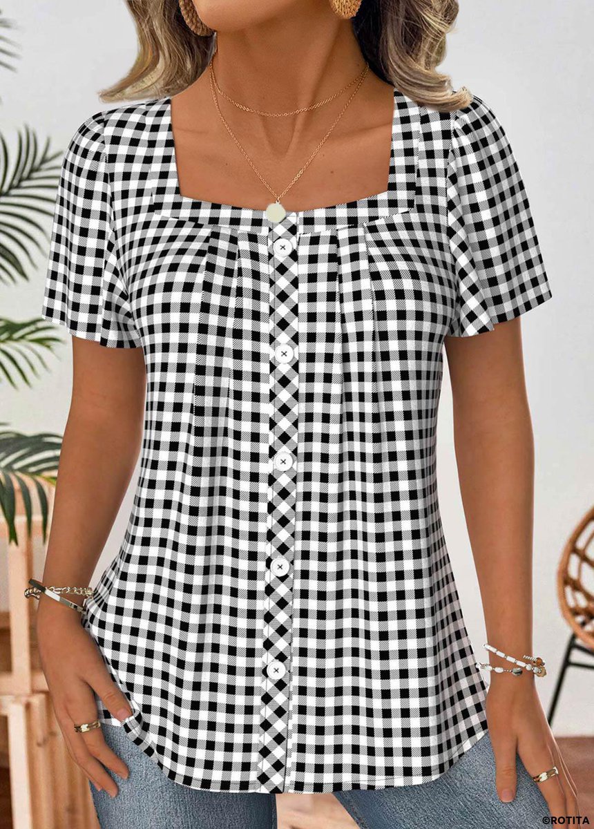 New arrival>> ROTITA Plaid Black Square Neck Short Sleeve Blouse_36069 rotita.com/black-plaid-sh…