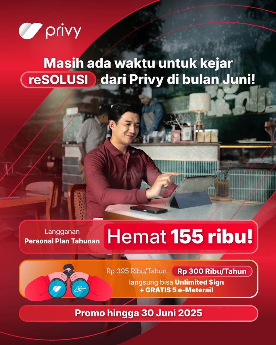 In this economy, kamu bisa tanda tangan bebas tanpa batas sampai tahun depan dengan berlangganan Privy Personal Plan spesial cuma Rp300 ribu/tahun!

Nggak cuma itu, makin worth it karena kamu juga bisa langsung dapat 5 e-Meterai GRATIS‼️‼️

Beli paketnya sekarang di aplikasi