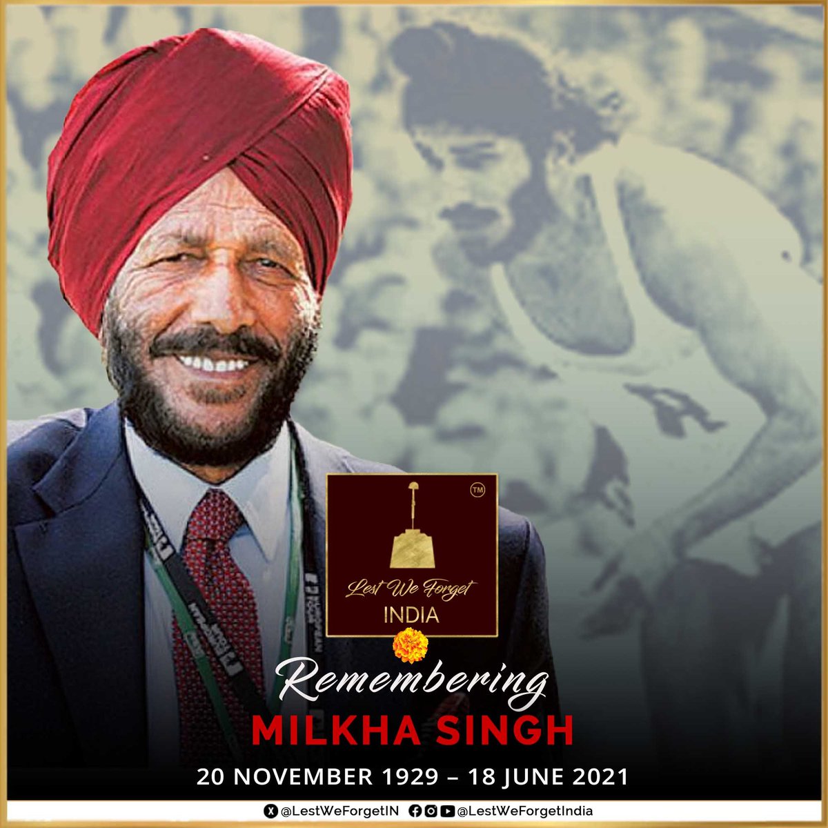 LestWeForgetIN's tweet photo. Tributes to the legendary #IndianBrave athlete Hony Capt Milkha Singh on his 4th death anniversary today - 18 June 2025

#LestWeForgetIndia🇮🇳 'The Flying Sikh' - his life & achievements will continue to serve as an inspiration for generations to come. 🏵️

@JeevMilkhaSingh