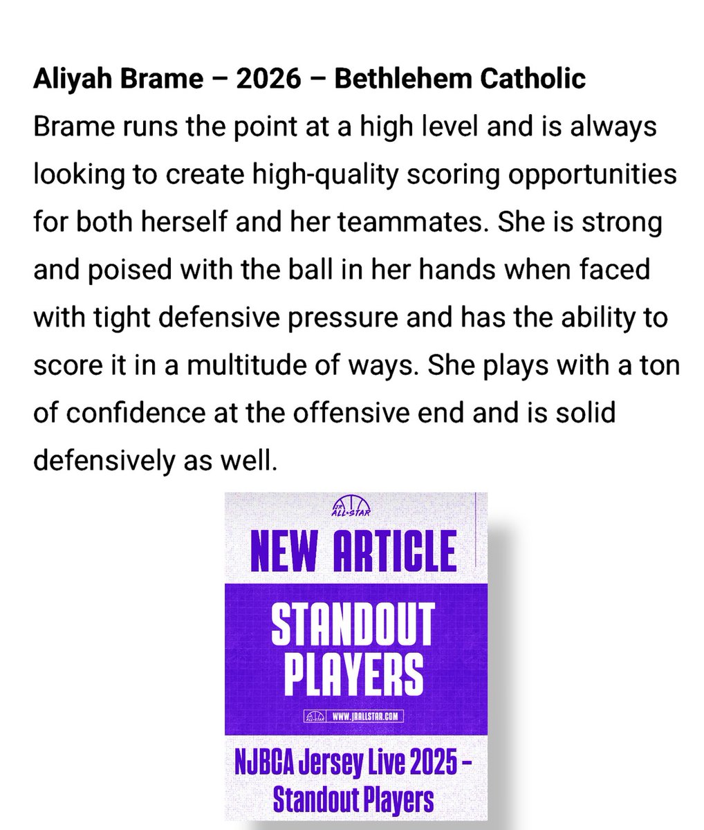 Aliyah B~class of 2026 (@aliyahbrame) on Twitter photo Thank you <a href="/JrAllStarNJ/">New Jersey Jr. All-Star GBB</a> for the recognition. Great playing at <a href="/NJBCA_Official/">New Jersey Basketball Coaches Association</a> Live with my <a href="/BecahiGBB/">Becahi Lady Hawks Basketball</a> teammates. Definitely looking forward to my senior session. Thank you <a href="/JrAllStarNJ/">New Jersey Jr. All-Star GBB</a> for the recognition. Great playing at <a href="/NJBCA_Official/">New Jersey Basketball Coaches Association</a> Live with my <a href="/BecahiGBB/">Becahi Lady Hawks Basketball</a> teammates. Definitely looking forward to my senior session.