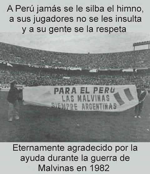 Eternamente agradecidos a los Camaradas Hermanos Peruanos por su apoyo en la última Gesta de la Patria, MALVINAS. 
Uno de los pocos países que nos ayudaron. 
No a la desmalvinización.