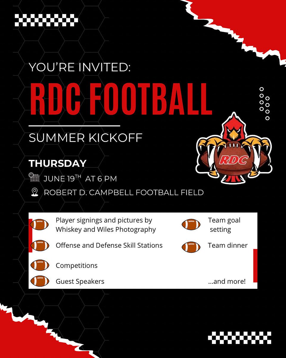 RDC Jr. High Cardinal Football (@rdccardsfball) on Twitter photo 2 days until our Summer Kickoff for 5-8th grade players! 🏈 This is a great event for new players to attend and signup. Please message us if you have a 5-8th grader interested in football at RDC. Go Cards! #RDCPRIDE #WeNotMe #SummerKickoff #GoCards <a href="/GRCHS_Football/">George Rogers Clark Football</a> 2 days until our Summer Kickoff for 5-8th grade players! 🏈 This is a great event for new players to attend and signup. Please message us if you have a 5-8th grader interested in football at RDC. Go Cards! #RDCPRIDE #WeNotMe #SummerKickoff #GoCards <a href="/GRCHS_Football/">George Rogers Clark Football</a>