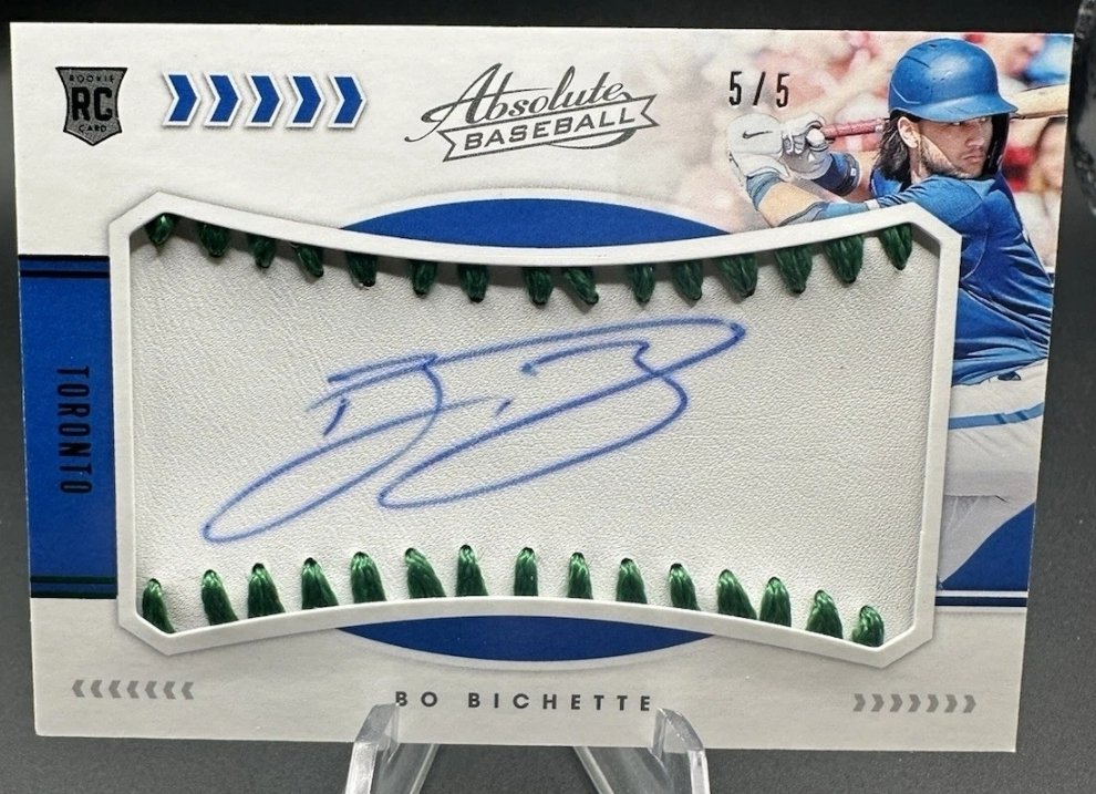 This is a Rainbow I was chasing for a while, but couldn't ever find the 1/1, and one guy had 2 of the /5s, and wanted a king's ransom. Finally snagged a /5 tonight from someone else! 

Bo Bichette 2020 Panini Absolute  Rookie Patch Auto #d 5/5.

<a href="/CardPurchaser/">Card Purchaser</a> <a href="/CardsCottage/">CottageCountryCards</a>