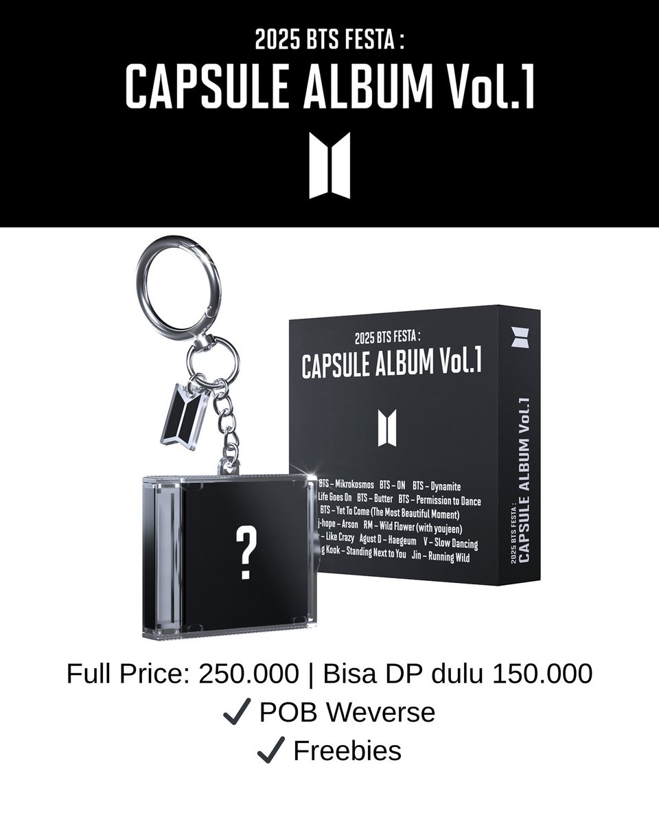 SugarCookies_in's tweet photo. Pre Order 2025 BTS FESTA : CAPSULE ALBUM Vol.1 

🗓 CLOSE PO= 25 Juni 2025 / bisa close lebih awal jika sold out

💵 Est Full Price: 250.000/pcs | bisa DP dulu 150.000/pcs

🎁 Dapat POB Weverse
✅️ Freebies dari Sugar Cookies
✅️ Join grup WA / Line
✅️ Include est ems & tax dg est berat ~100Gr
✅️ Bisa pelunasan via co shopee
❌️ Belum termasuk ongkir dari Kota Malang ke rumah kalian

● FORM ORDER: https://t.co/BqvBbb6wMh
📲 087719961997

⚠️INFO⚠️
1. Harga sudah termasuk est ems dan tax
2. Harga bisa berubah tergantung berat, rate dan tax.
3. Lama pengiriman 2-3 minggu terhitung dari mulai dikirimnya oleh wh kr. Bukan dari tanggal rilis.
4. Belum termasuk ongkir dari kota malang ke rumah kalian