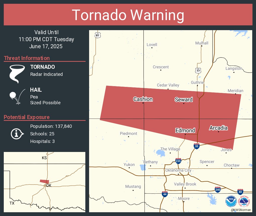 Tornado Warning including Edmond OK, Cashion OK and  Arcadia OK until 11:00 PM CDT