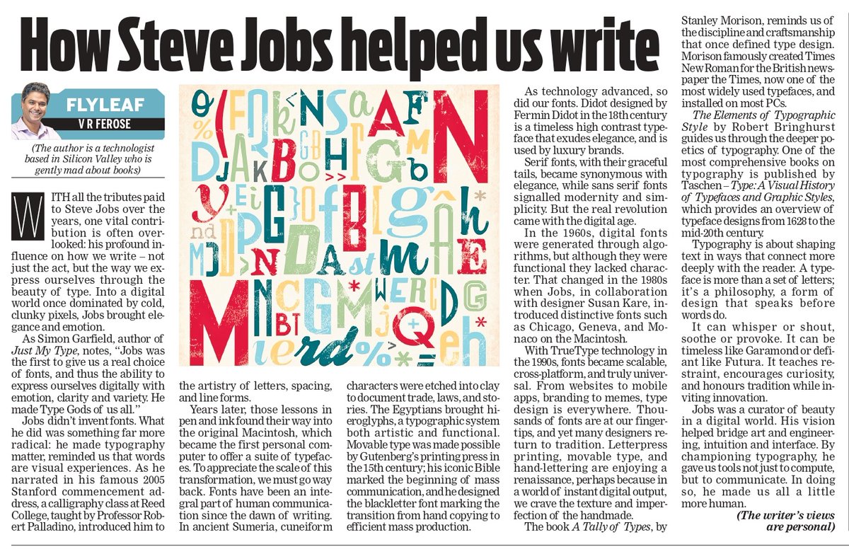 TNIE Karnataka (@xpressbengaluru) on Twitter photo "With all the tributes paid to Steve Jobs over the years, one vital contribution is often overlooked: his profound influence on how we write – not just the act, but the way we express ourselves through the beauty of type," writes <a href="/VRFerose/">Ferose V R</a> in #Flyleaf "With all the tributes paid to Steve Jobs over the years, one vital contribution is often overlooked: his profound influence on how we write – not just the act, but the way we express ourselves through the beauty of type," writes <a href="/VRFerose/">Ferose V R</a> in #Flyleaf