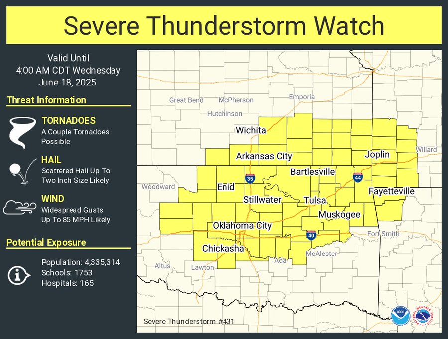 Areas west of Springfield are under a Severe Thunderstorm Watch through 4am Wednesday. Get severe weather updates on 93-3 AM 560 KWTO.
