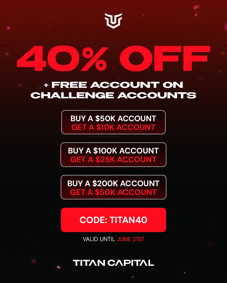 🔥 40% OFF + a FREE Account when you buy a Challenge account! 🔥

Use code: TITAN40
Valid until June 21st

Don’t wait, secure your deal now! 💸

#TitanCapitalMarkets #TCM