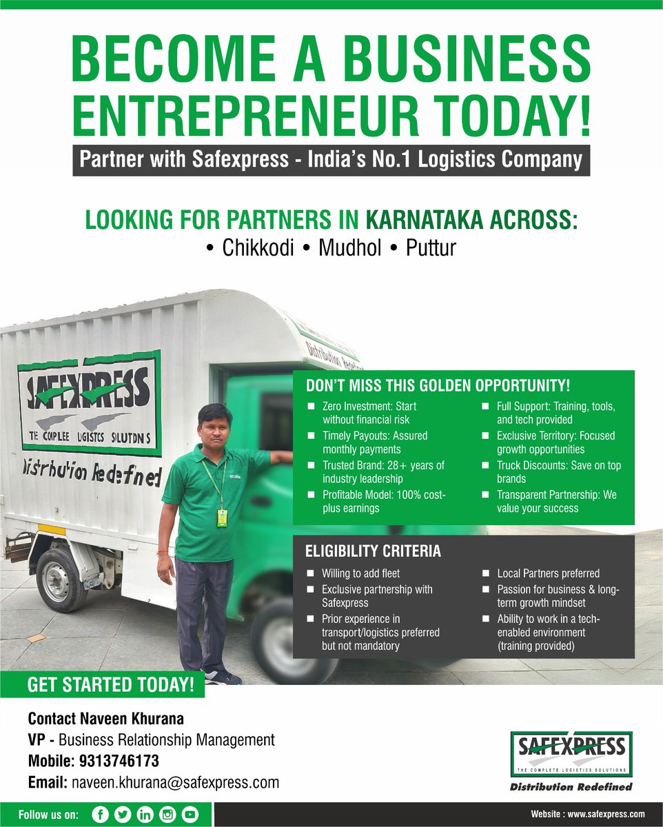 Safexpress (@safexpress) on Twitter photo #Karnataka
We're looking for passionate entrepreneurs to partner with Safexpress, India’s #1 logistics company!
Build your own success story with the best in the industry.
Contact: Mr. Naveen Khurana – 9313746173
naveen.khurana@safexpress.com #Karnataka
We're looking for passionate entrepreneurs to partner with Safexpress, India’s #1 logistics company!
Build your own success story with the best in the industry.
Contact: Mr. Naveen Khurana – 9313746173
naveen.khurana@safexpress.com