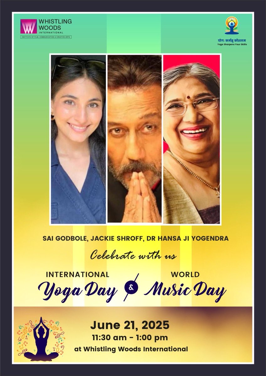 MUSIC  BEGINS WITH SILENCE 
SILENCE BEGINS WITH YOGA 🧘‍♀️
-SG🙏🏽 

top yoga practitioners- student- star n yoga authors are together on Saturday 21 June at 11 am at whistlingwoods international to celebrate 
INTERNATIONAL YOGA DAY AT WWI 

Thank u dr Hansaji Yogendra jn celebrities