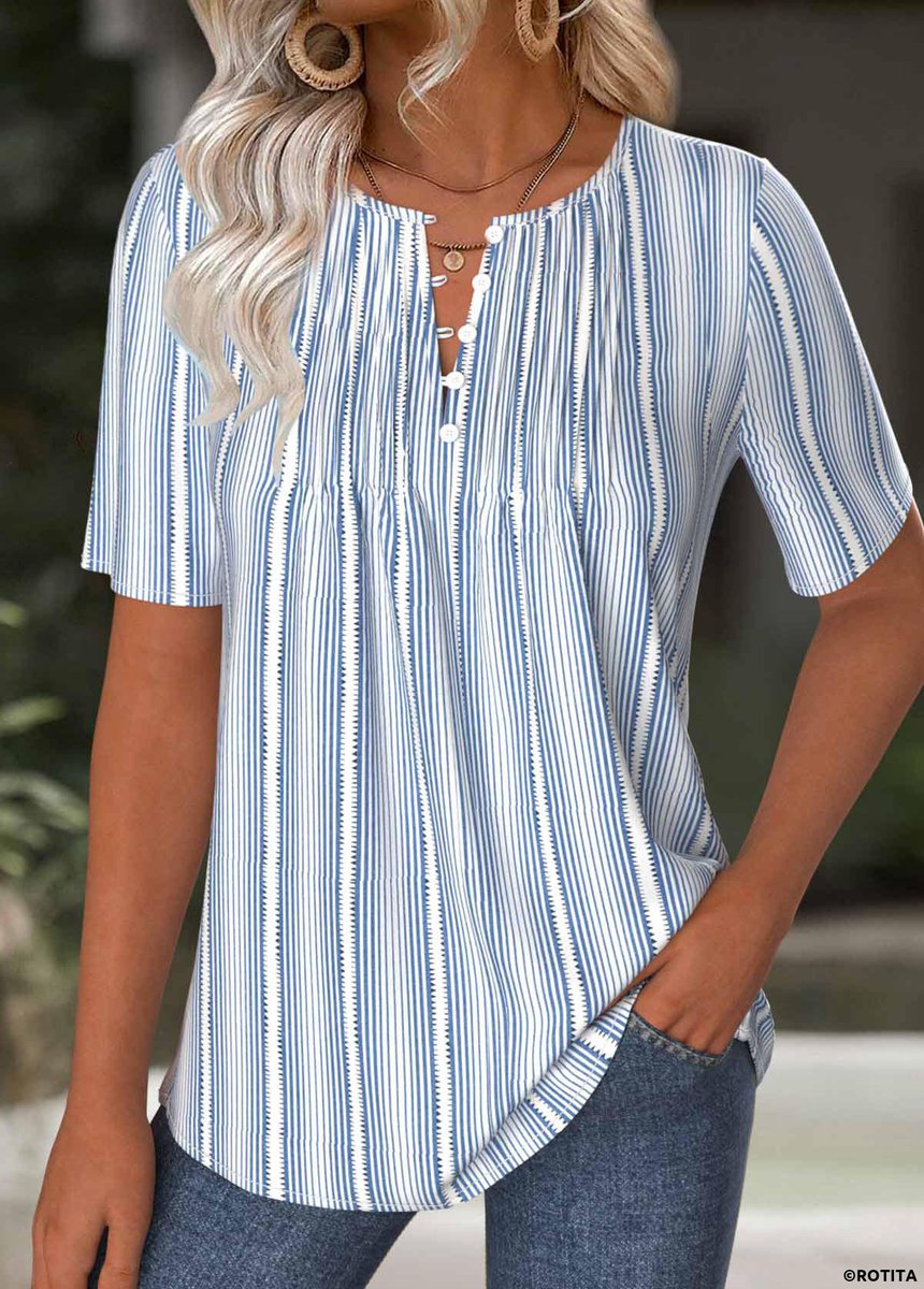 New arrival>> ROTITA Striped Light Blue Split Neck Short Sleeve T Shirt_25615 rotita.com/light-blue-str…