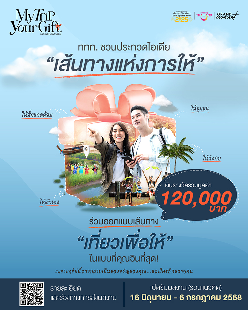 การท่องเที่ยวแห่งประเทศไทย (ททท.) ขอเชิญผู้สนใจ ส่งผลงานเข้ร่วมการการประกวดไอเดีย "My Trip, Your Gift Challenge" ภายใต้แนวคิด "เส้นทางแห่งการให้" รับเงินรางวัลมูลค่ารวมกว่า 120,000 บาท contestwar.com/contest/17947