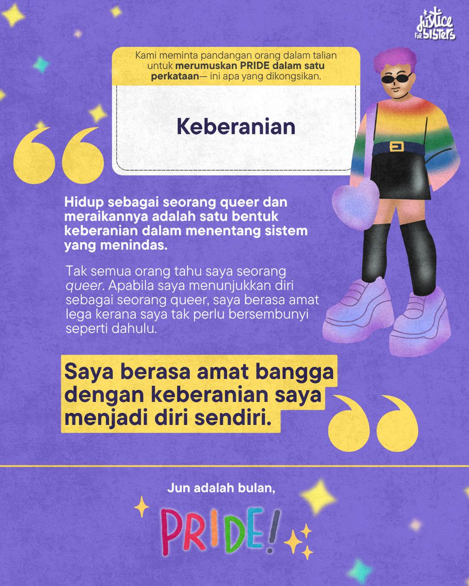 justice_sisters's tweet image. It takes bravery to be yourself in a world that tells you not to. That’s the heart of PRIDE.
So, what does #PRIDE mean to you?
#TetapBangga