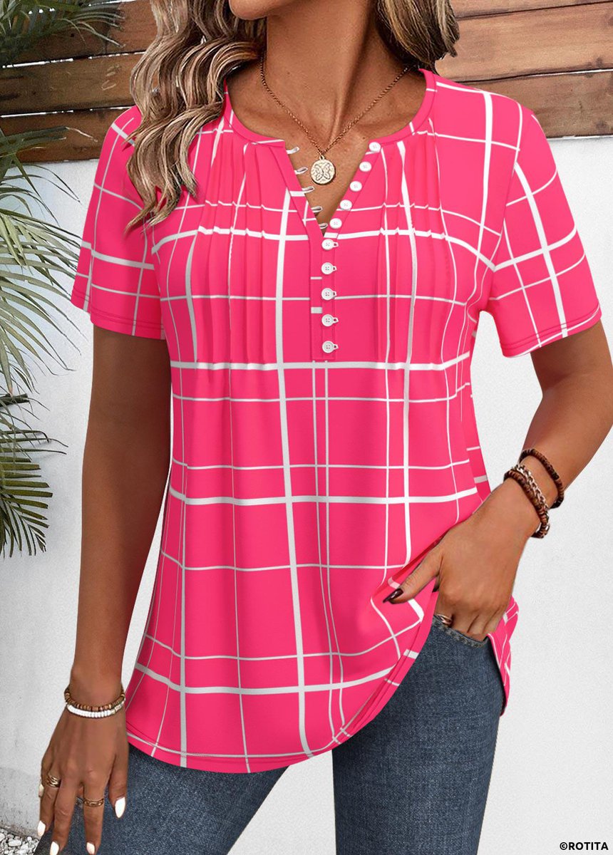 New arrival>> ROTITA Plaid Hot Pink Split Neck Short Sleeve Shirt_25697 rotita.com/hot-pink-plaid…