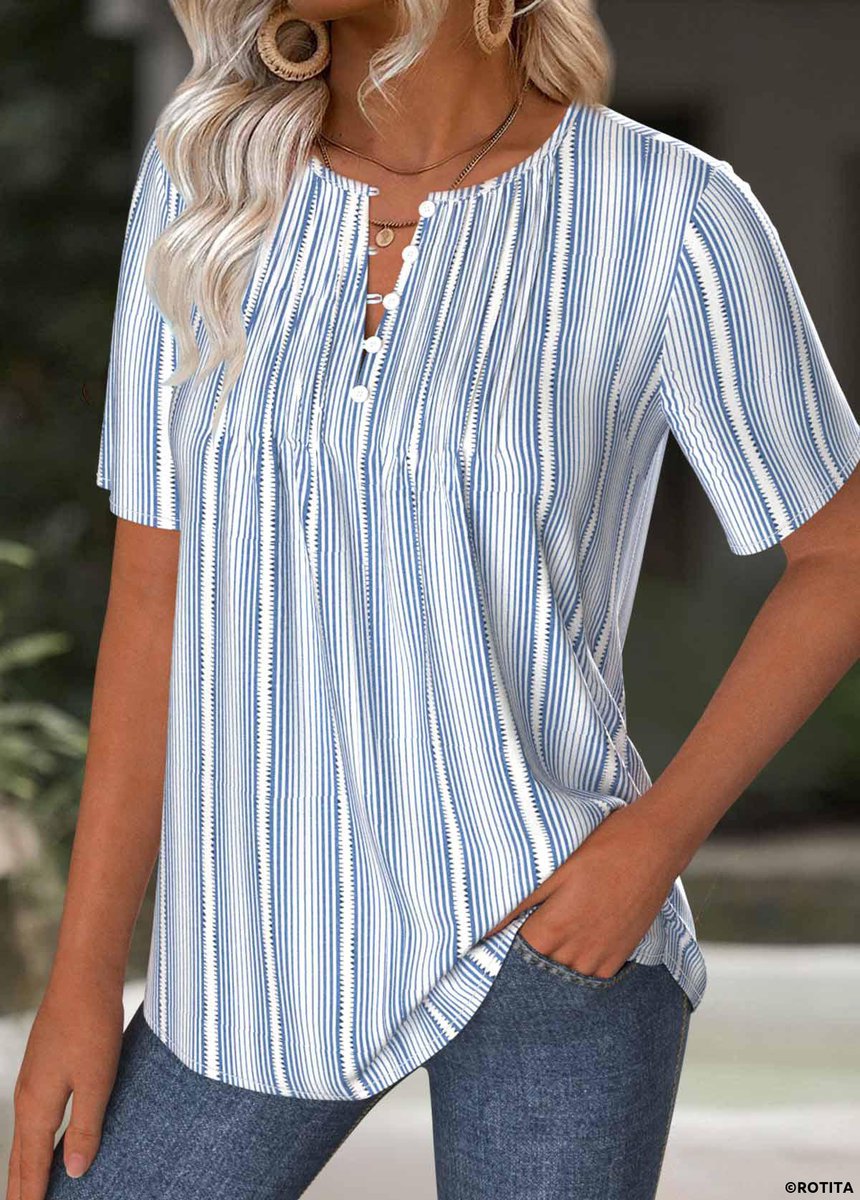 New arrival>> ROTITA Striped Light Blue Split Neck Short Sleeve T Shirt_25617 rotita.com/light-blue-str…