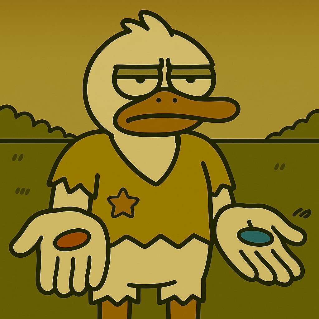 Left is red.
It’s buying the next CABAL Ponzi
that dumps immediately after you ape in.
Right is blue.
It’s another Pengu IP memecoin
with no vibes and zero survival.
Or…
you take neither.
You get up.
And you run with us.

Your decision.
We $GUGO.