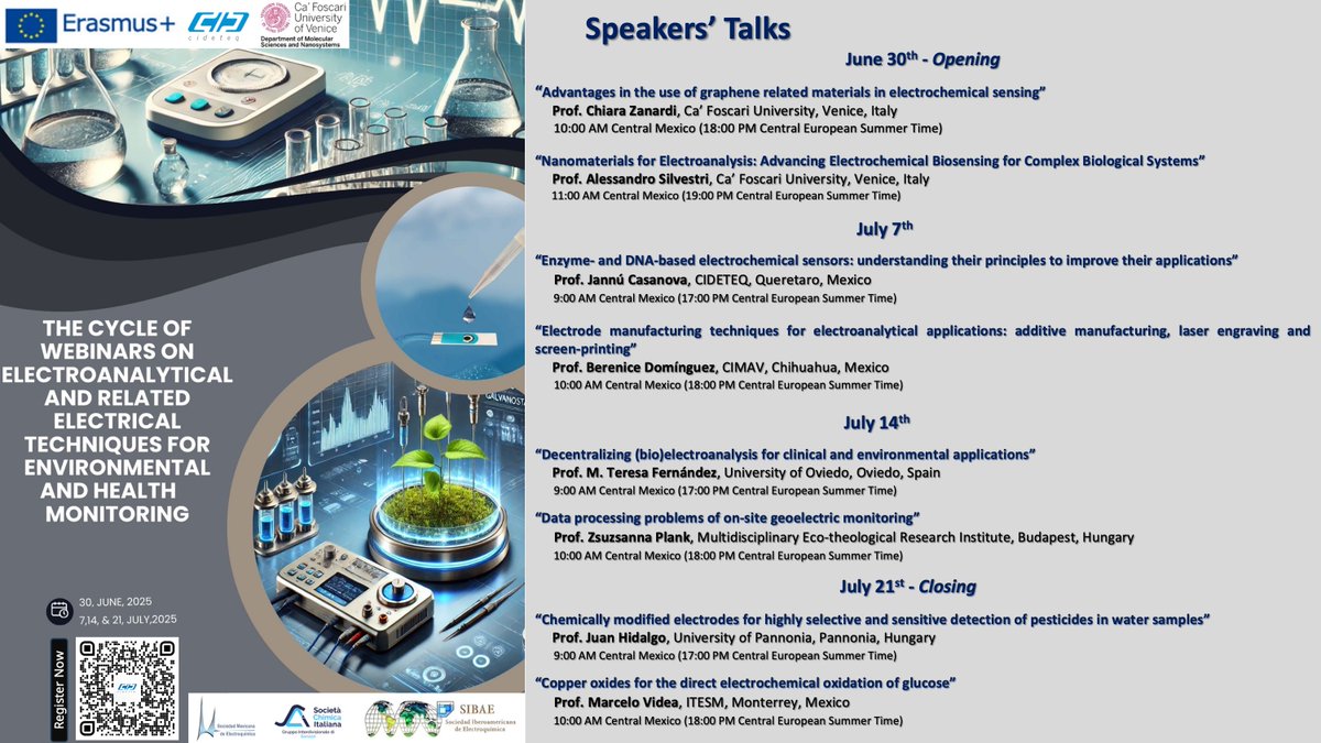 🔬 ¡Regístrate al ciclo de webinars sobre técnicas electroanalíticas y eléctricas aplicadas al monitoreo ambiental y de la salud!

📅 30 junio, 7, 14 y 21 julio

🖱️ Regístrate aquí: us02web.zoom.us/meeting/regist…

#CaFoscari #CIDETEQ #Webinars #Ciencia