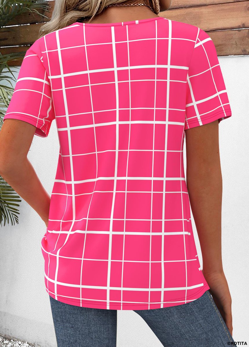 New arrival>> ROTITA Plaid Hot Pink Split Neck Short Sleeve Shirt_25698 rotita.com/hot-pink-plaid…